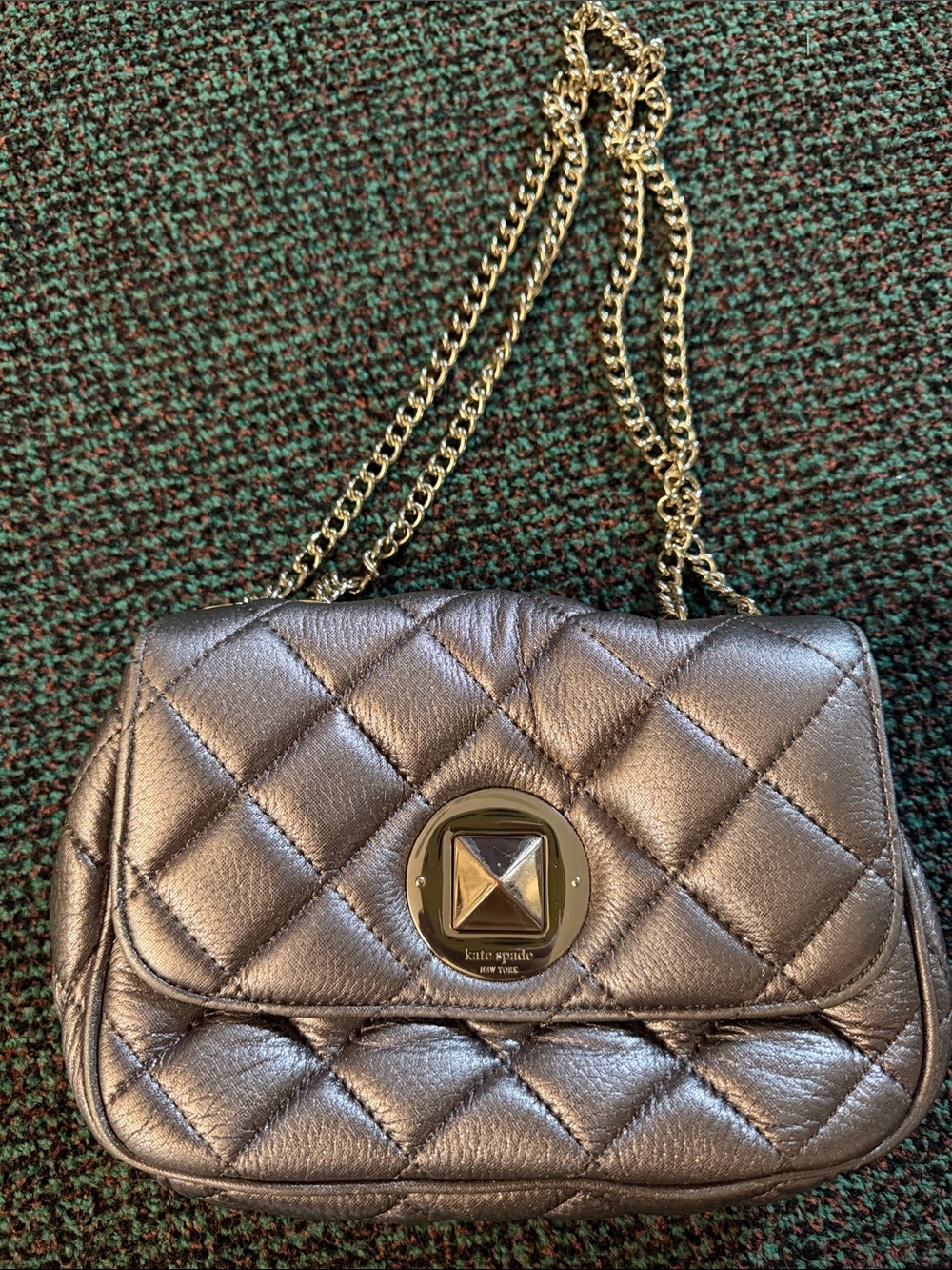 Kate Spade Quilted Metallic Gunmetal Chain Shoulder Bag